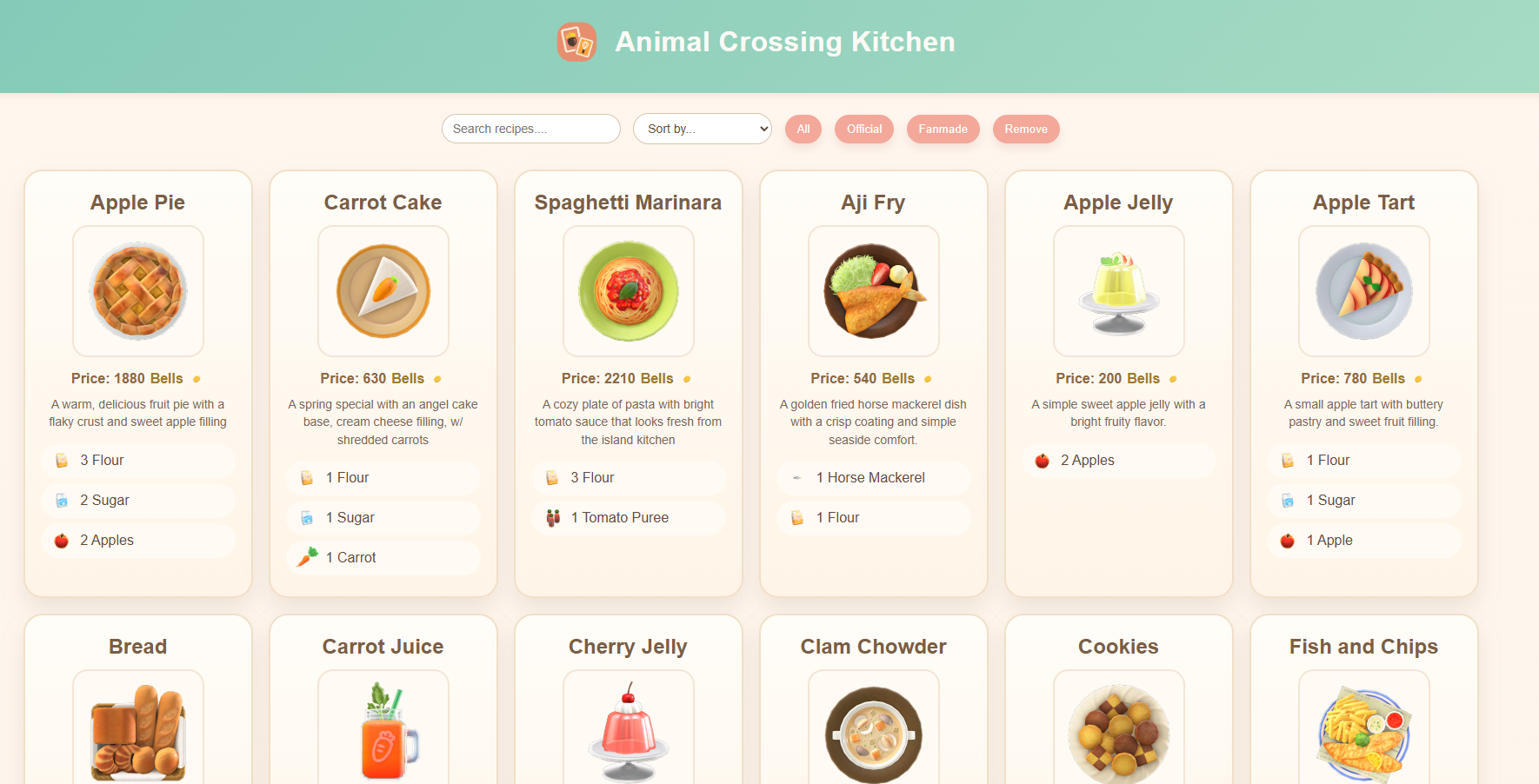 Preview of the Animal Crossing Kitchen website